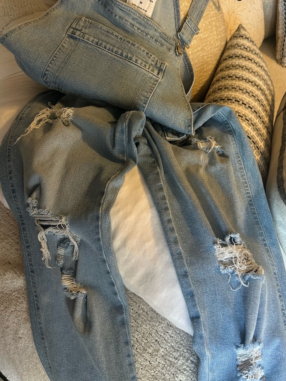 Celebrity Pink Light Blue Distressed Denim Overalls